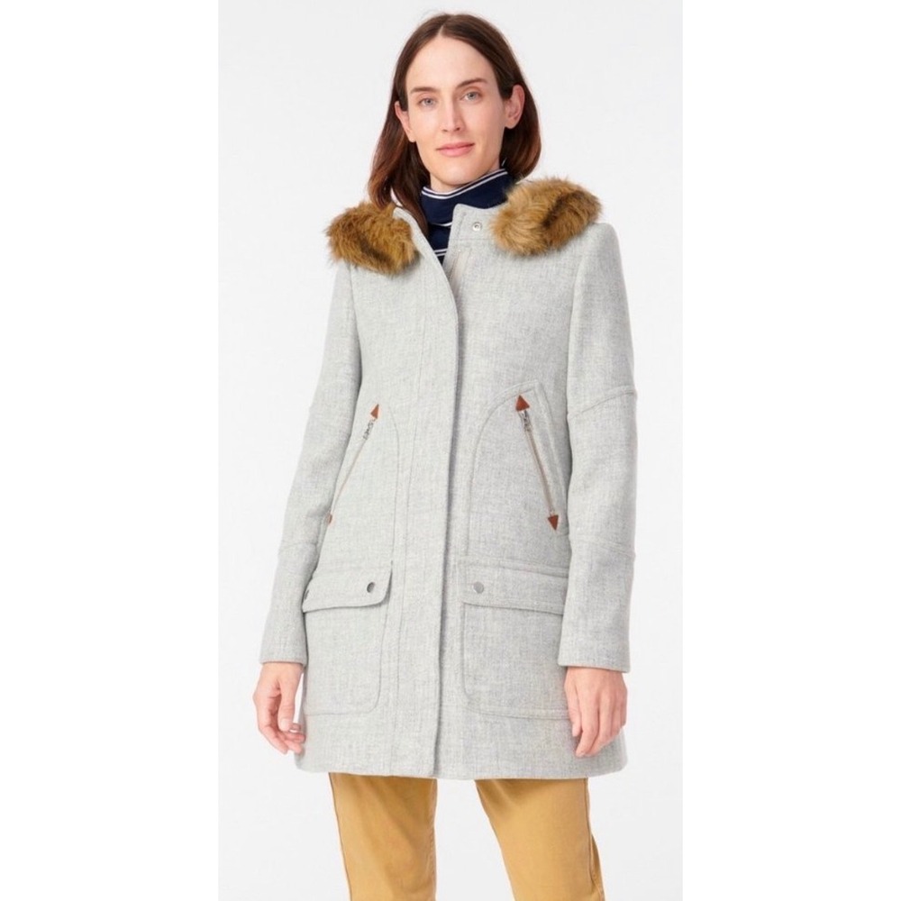 J.Crew Chateau Parka Italian Stadium Cloth Wool Grey Faux Fur Hood Coat 8